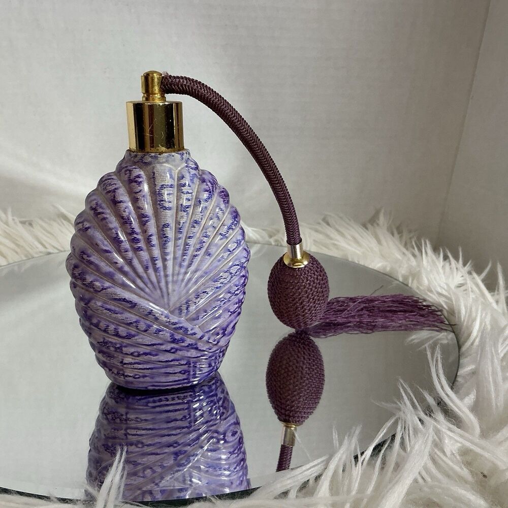 VTG Lavender Art Glass Perfume Atomizer Shell Form Attributed Caithness Scotland
